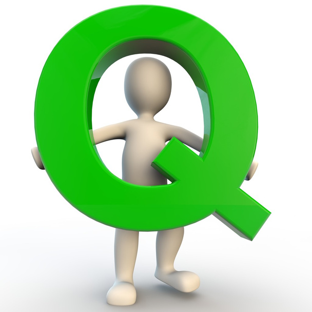 3D ludzkiego charakteru gospodarstwa zielone litery q - Zdjęcie, obraz