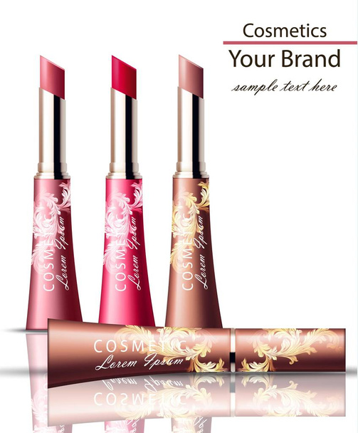 Lip stick Cosmetics packaging mock up Vector realistic. Beauty fashion make up brand designs - Вектор, зображення