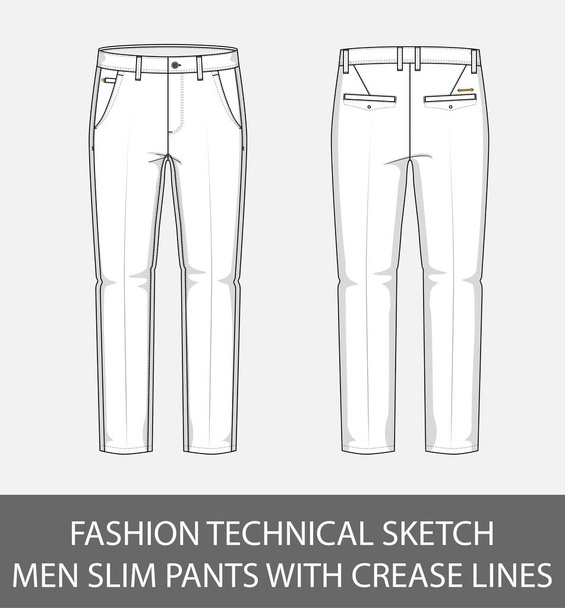 Fashion technical sketch men slim pants with crease lines in vector graphic - Vector, Image