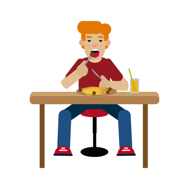 Boy eating spaghetti with meatballs - Vector, Image