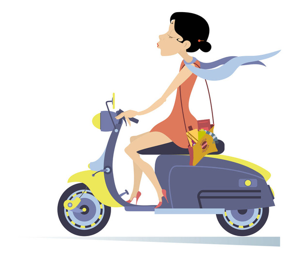 Pretty young woman rides on the scooter isolated on white illustration - ベクター画像