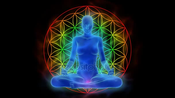 Aura, chakra activering, verlichting van de geest in meditatie, symbool bloem van het leven - animatie met uhd 4 k-resolutie - Video