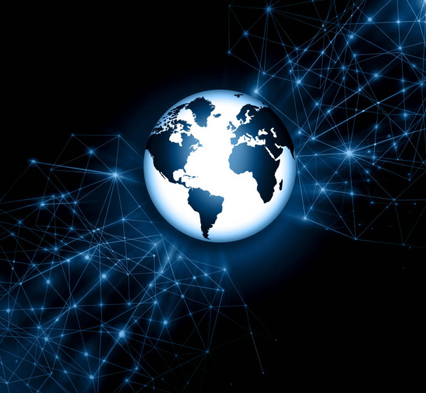 Лучший интернет-проект глобального бизнеса. Глобус, светящиеся линии на технологическом фоне. Wi-Fi, лучи, символы Интернет, 3D иллюстрация
 - Фото, изображение