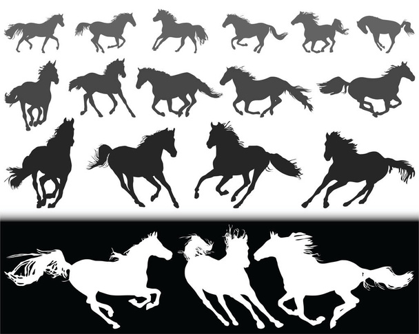 Черные силуэты лошадей на белом фоне и белые силуэты на черном фоне
 - Вектор,изображение
