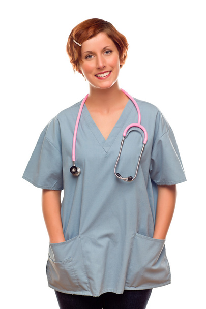 Smiling Female Doctor or Nurse on White - 写真・画像