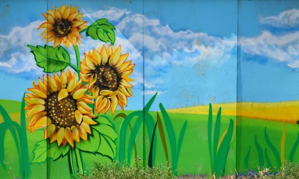 A régi falra festett színes graffiti rajz a festékek aeroszol. A a hagyományos ukrán képe táj, napraforgó, kalina és a malom, a mező - Fotó, kép