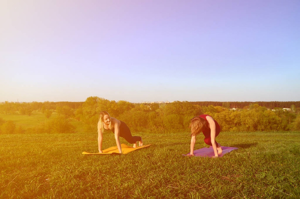 Deux jeunes filles aux cheveux blonds en costumes de sport pratiquent le yoga sur une colline verdoyante pittoresque en plein air le soir. Le concept du sport en plein air
 - Photo, image