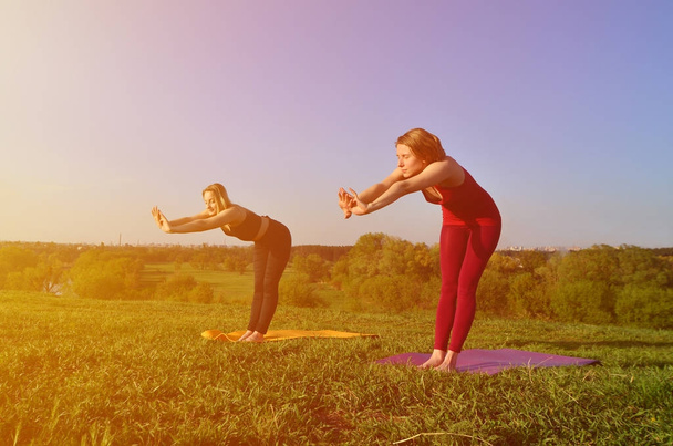 Duas jovens meninas de cabelos claros em ternos esportivos praticam ioga em uma pitoresca colina verde ao ar livre à noite. O conceito de exercício desportivo ao ar livre
 - Foto, Imagem