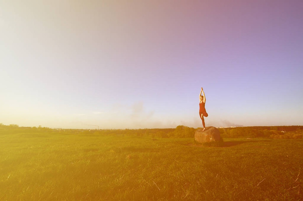 Silhouette eines jungen blonden Mädchens im Sportanzug praktiziert abends bei Sonnenuntergang Yoga auf einem malerischen grünen Hügel. das Konzept der Bewegung und des gesunden Lebensstils - Foto, Bild