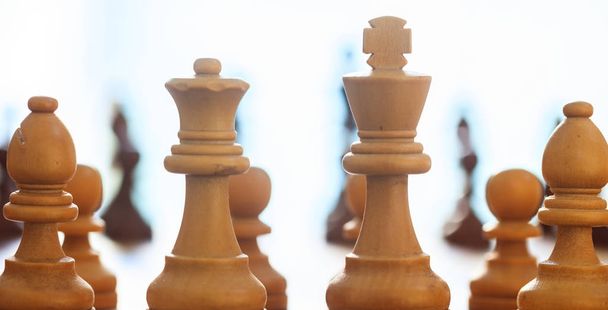 Pièces d'échecs couleur brun clair. Vue rapprochée avec détails, fond flou
. - Photo, image