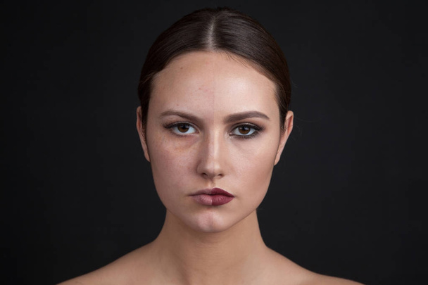Woman with make-up on one side of the face and without make-up on the second side of the face. Before and after makeup. - Fotografie, Obrázek