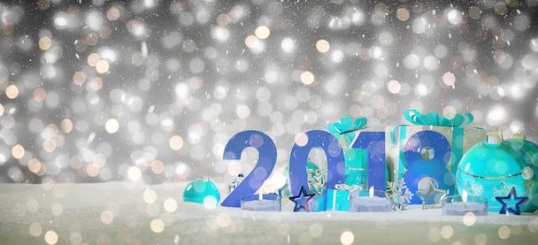 2018 new year eve with christmas baubles and gifts 3D rendering - 写真・画像