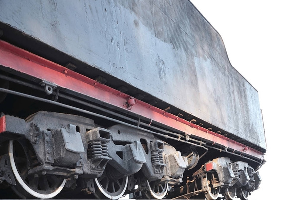 Czarne koła stare lokomotywy ZSRR. Rocznika koła starych wagonów radzieckich frachtu - Zdjęcie, obraz