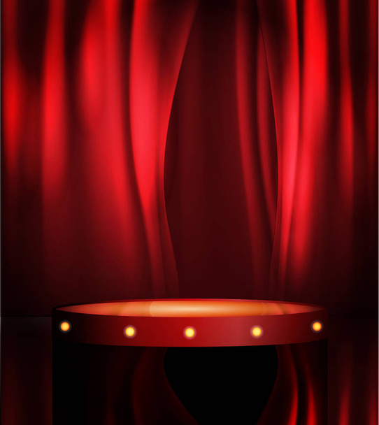 Lege podium met rode gordijn achtergrond. Theater podium, vectorillustratie kunst beeld. Opstaan komiek nacht Toon of karaoke partij achtergrond met tekst ruimte. retro design - Vector, afbeelding