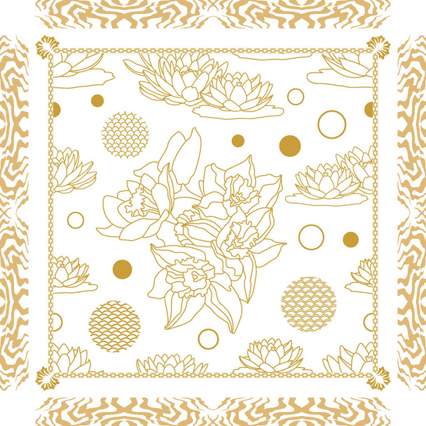 White and golden silk scarf with floral print and abstract frame. - Wektor, obraz