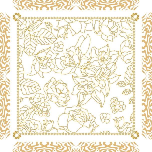 White and golden silk scarf with floral print and abstract frame. - Vektor, kép