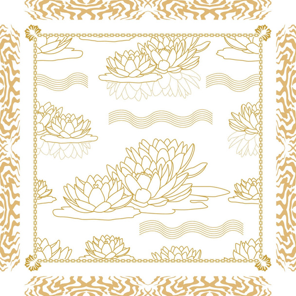 White and golden silk scarf with floral print and abstract frame. - Vector, imagen