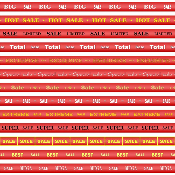Joukko punaisia nauhoja mustalla, keltaisella kirjainmyynnillä ja raitoja, jotka osoittavat myyntipaikan valkoisella taustalla. Varoitus ja varovaisuus liiketoiminnan nauhat
 - Vektori, kuva