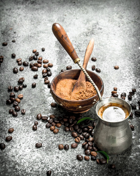 Coffee background. Fresh coffee in turk. - Photo, Image