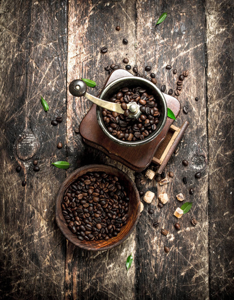 Moulin à café avec grains de café. - Photo, image