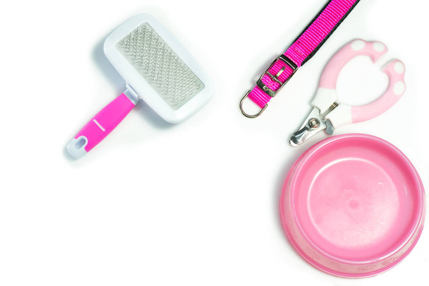 Dierbenodigdheden over kom, kraag, nagelschaartje en borstel roze - Foto, afbeelding