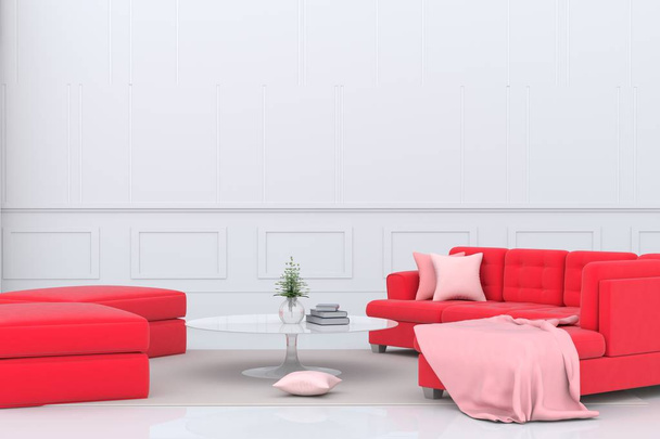 Salón en decoración de día de San Valentín con sofá rojo, tela rosa, almohada, mesa de cristal y jarrón. Habitaciones del Amor en el Día de San Valentín. Para un corazón feliz. Fondo e interior. Renderizado 3D
. - Foto, Imagen