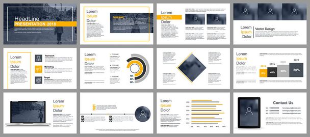 Sarı ve siyah iş sunu şablonları Infographic öğelerden slaytları. Tanıtım, el ilanı ve broşür, broşür, pazarlama, reklam, faaliyet raporu, afiş, kitapçık için kullanılabilir - Vektör, Görsel
