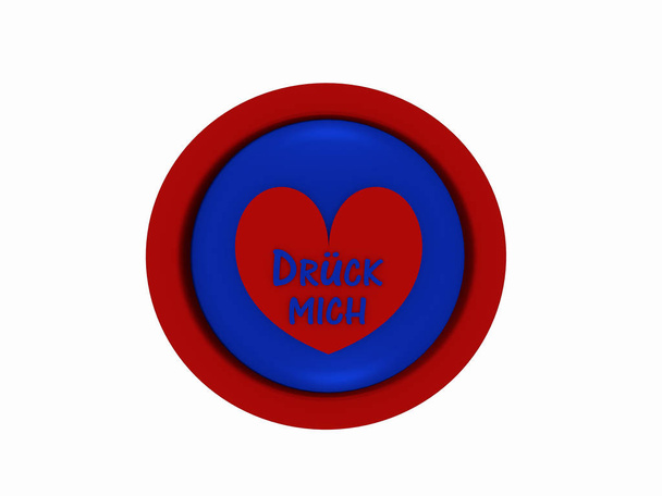 ronde knop in rood-blauw met hartjes en tekst in de Duitse "expres me" - Foto, afbeelding