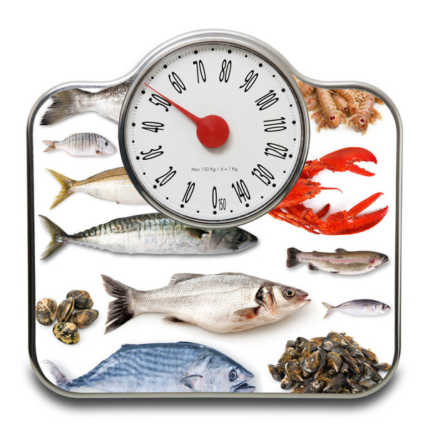 Scales for people with fresh fish in white background - Photo, Image