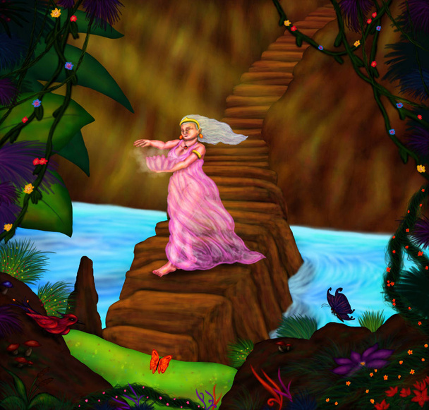 une peinture abstraite colorée illustration d'une belle jeune femme marchant à travers un pont de rochers et tenant une fleur de cristal brillant, un symbole d'espoir, flou destiné
 - Photo, image