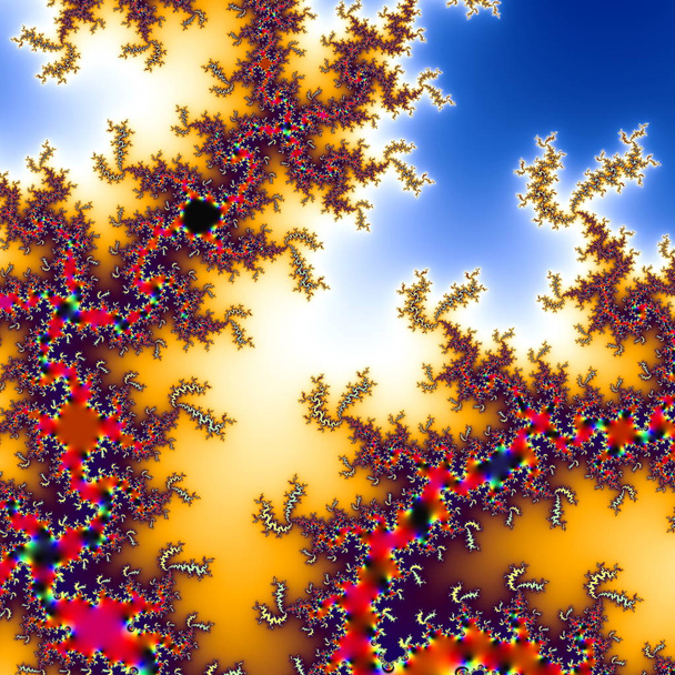 Brillante hermoso fractal colorido, lleno de texturas de flores. Colores: azul, verde, gris. Figuras florales fractales abstractas
. - Foto, imagen