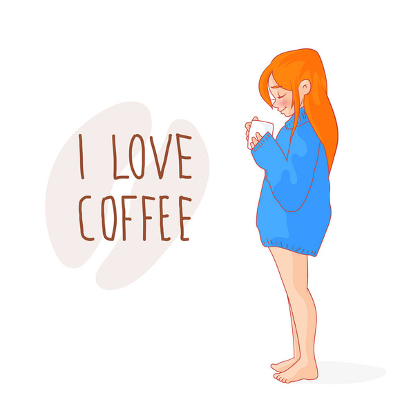 Cartoon red-haired girl in a sweater with a cup of coffee - Vecteur, image