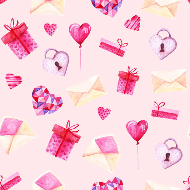 Watercolor St Valentines Day pattern. Romantic pink hearts, gift box, envelope. For card, design, print or background - Фото, зображення