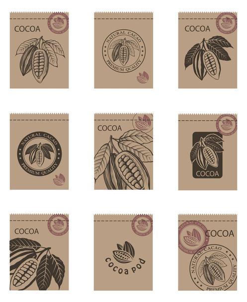 collection of packages with cocoa beans and leaves - Вектор, зображення