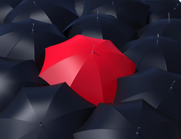 красный зонтик и черные зонтики
. - Фото, изображение