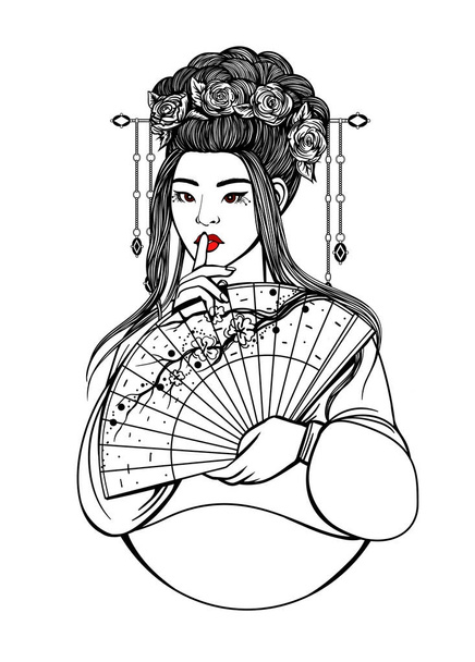 schöne asiatische Frau in Hanbok, mit Blumen und Fächer. Umrisszeichnung zum Ausmalen. Vektorillustration - Vektor, Bild
