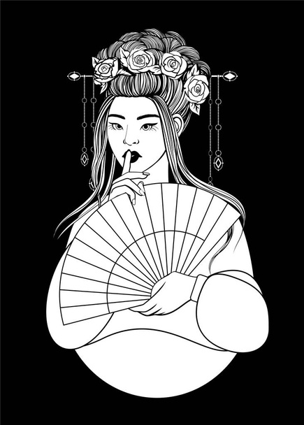 schöne asiatische Frau in Hanbok, mit Blumen und Fächer. Umrisszeichnung zum Ausmalen. Vektorillustration - Vektor, Bild
