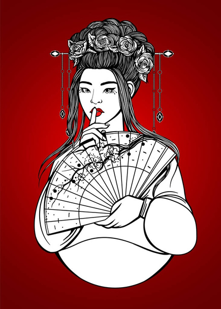 Gyönyörű ázsiai nő, a hanbok, virágok és rajongó. Szerkezeti, színezésére rajz. Vektoros illusztráció - Vektor, kép