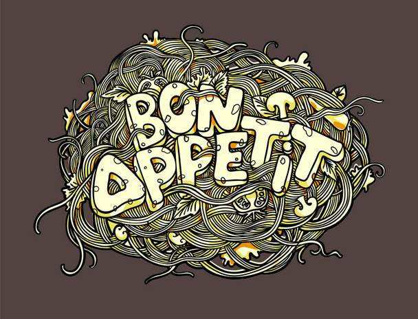 Hand getekende typografie poster. Bon appetit. Vectorillustratie met pasta - Vector, afbeelding