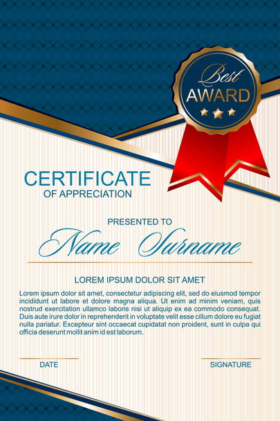 Вертикальный сертификат в простом сине-золотом стиле медалью
 - Вектор,изображение