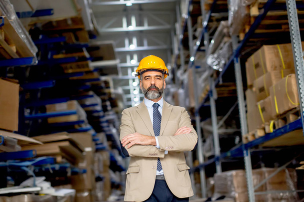 Portrait of senior handsome businessman in suit with helmet in a warehouse - Photo, Image