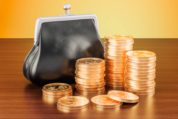 Purse with golden coins around on the wooden table. 3D rendering - Fotoğraf, Görsel