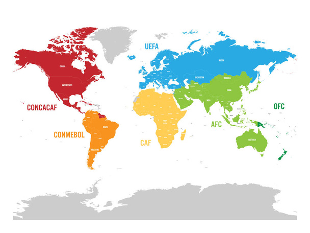 Χάρτης του παγκόσμιου ποδοσφαίρου ή ποδοσφαίρου, συνομοσπονδίες - Conmebol, Concacaf, Caf, Uefa, Afc και Ofc - Διάνυσμα, εικόνα