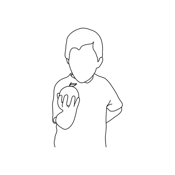 jongen holding ronde vruchten met haar blad vector illustratie omtrek schets hand getekend met zwarte lijnen geïsoleerd op witte achtergrond - Vector, afbeelding