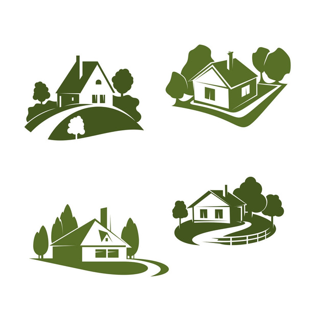 Green eco house icon for real estate design - Vector, Image