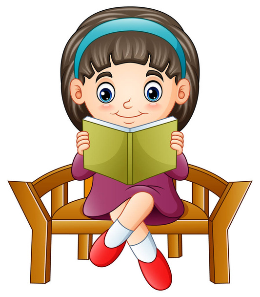 Векторная иллюстрация маленькой девочки, сидящей на стуле и читающей книгу
 - Вектор,изображение