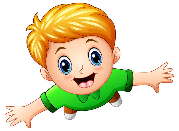 Vector illustration of Top view of a blonde boy raising hands on a white background - Vector, Image