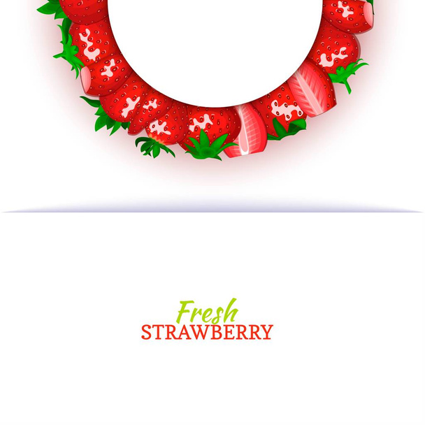 Semicircle colored frame composed of delicious red strawberry fruit. Vector card illustration. Strawberry berry half-round frame for design of food packaging juice breakfast cosmetics tea detox diet. - Vector, Image