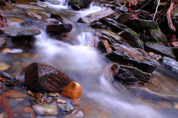 Zeitlupenaufnahme eines kleinen Flusses mit Felsen in den Wäldern des Bergparks. - Foto, Bild