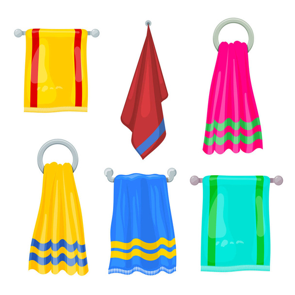 Set of multi-colored towels. Piece of hygiene cotton towel on a white background. Vector illustration - Vetor, Imagem